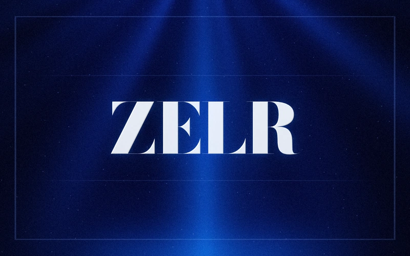 ZELR: plate with the brand wordmark on a blue ground